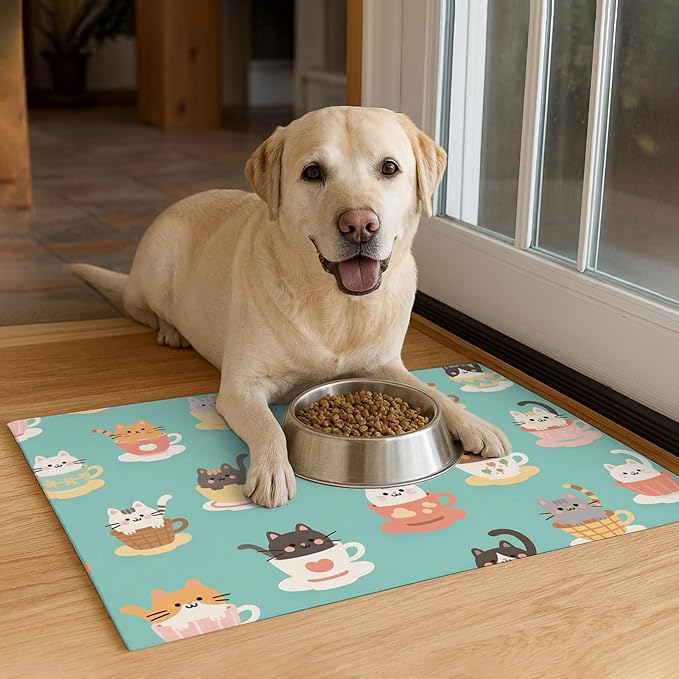 Cat Feeding Mat 24x16 inch Teacup Kitten Print Pet Bowl Placemat Non Slip Floor - Image 4