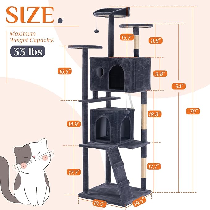 Large Cat Tree 70 Inch, Sisal Scratching Posts and Climbing Ladder, Pet Play - Image 2