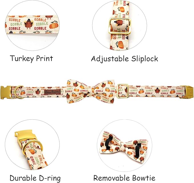 Dog Collar, Thanksgiving Turkey Pet Collar Bow Holiday Girl Boy Bow Dog Collars - Image 2