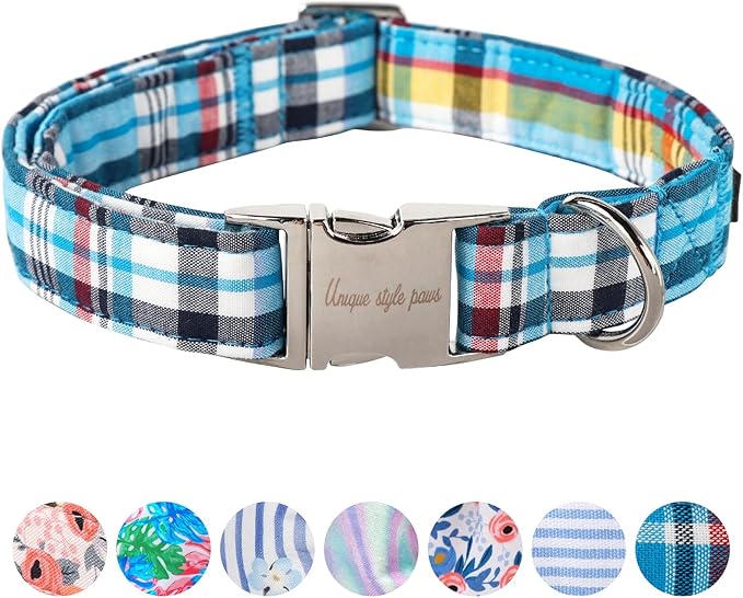 Unique style paws Dog Collar Metal Buckle Blue Plaid Collar Gift Durable Cute by Uniquestylepaws