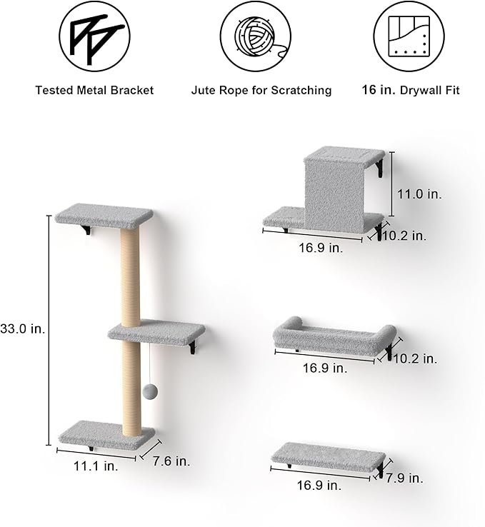 FUKUMARU Cat Wall Shelves, Stable & Safe 4 in 1 Cat Furniture Set, Wooden - Image 5