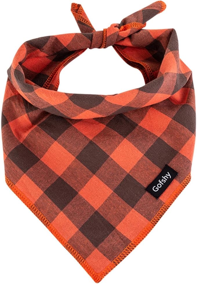 Dog Bandana Fall Small-Orange Brown Dog Scarf Buffalo Plaid Printing Adjustable by Gofshy