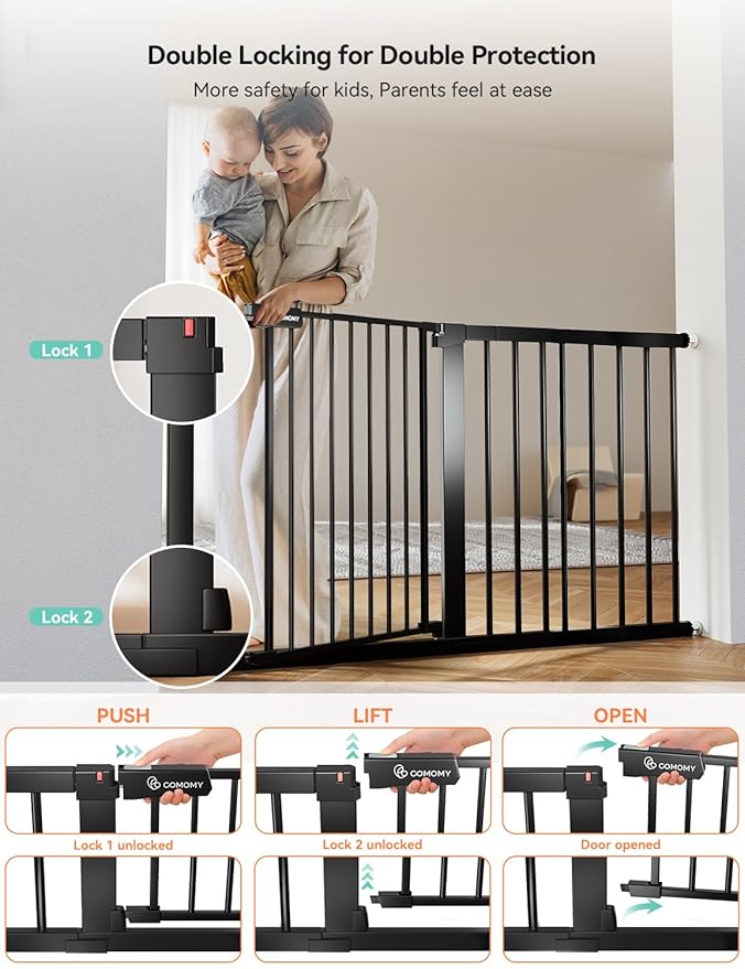 COMOMY 30" Tall Baby Gate for Stairs Doorways, Fits Openings 29.5" to 51.6" Wide - Image 4