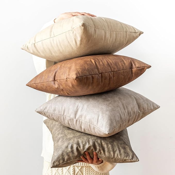 Pack of 4 Oversized Faux Leather Neutral Decorative Throw Pillow Covers 28x28 - Image 2