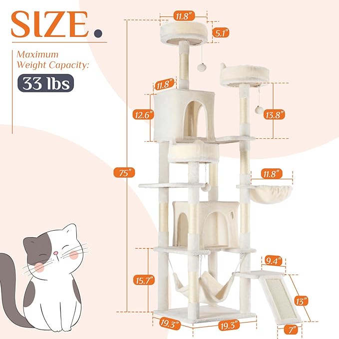 Large Cat Tree 75 Inch, Sisal Scratching Posts Board and Hammock, Pet Play House - Image 2