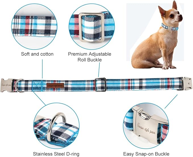 Unique style paws Dog Collar Metal Buckle Blue Plaid Collar Gift Durable Cute - Image 2