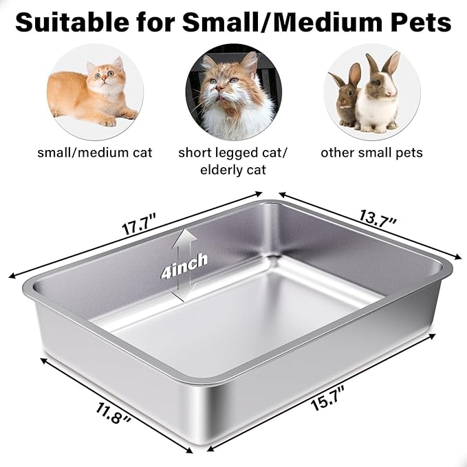 Stainless Steel Litter Box, Metal Litter Boxes 17.7" x 13.7" x 4", Small Litter - Image 2