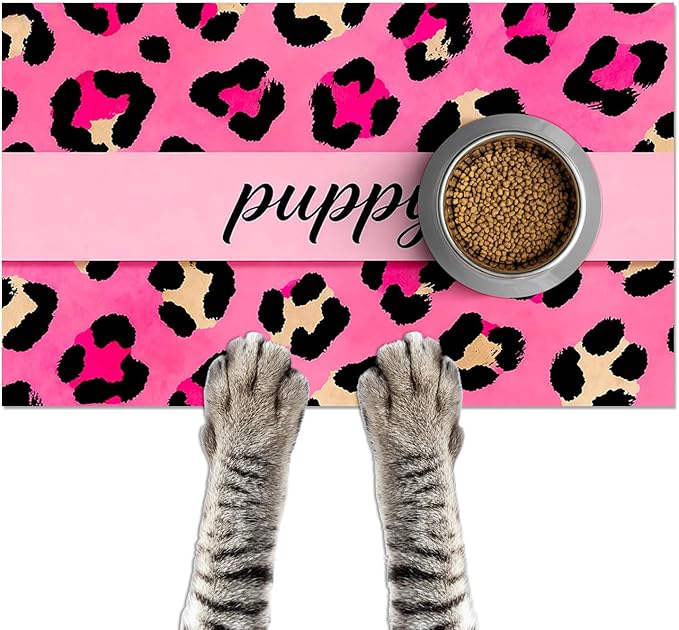Puppy Feeding Mat 24x16 inch Hot Pink Leopard Print Pet Bowl Placemat Non Slip by HOMETITUTE