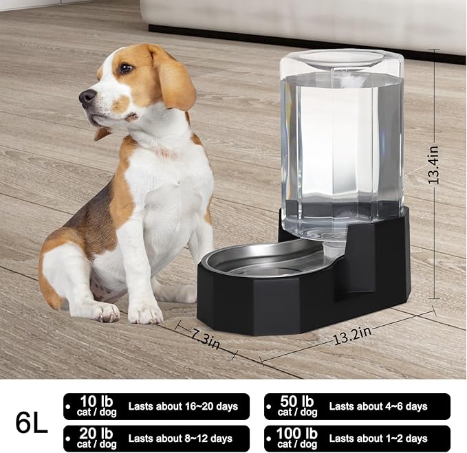 Sfozstra Dog Water Bowl Dispenser: 6L Large Black Gravity Stainless Steel Bowl - Image 2