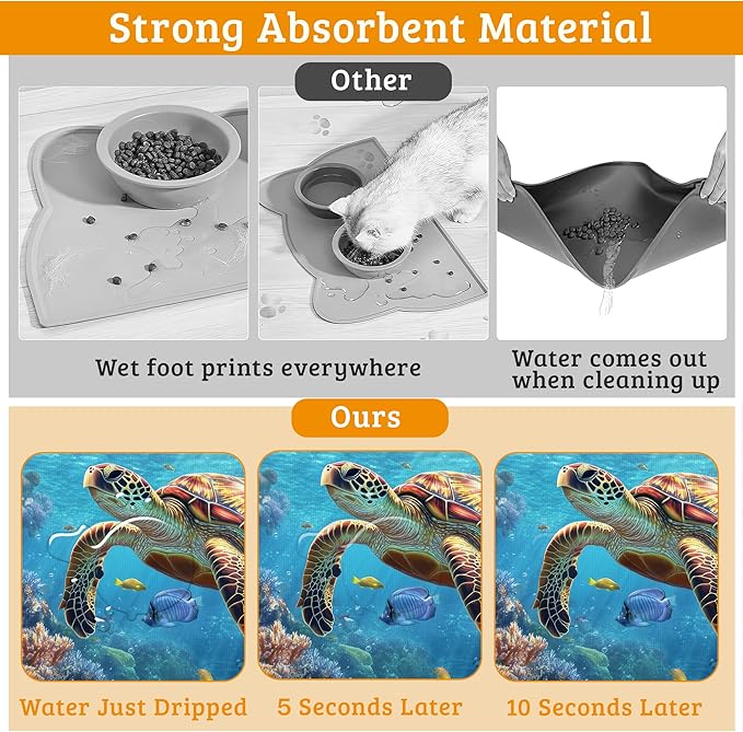 Sea Turtle Dog Cat Food Mat, Colorful Coral Absorbent Waterproof Placemat - Image 3
