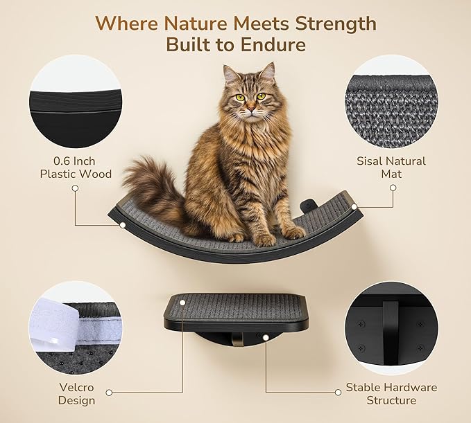 Grey Sisal-Padded Cat Wall Steps, Floating Wooden Cat Perch and Climbing Step - Image 3