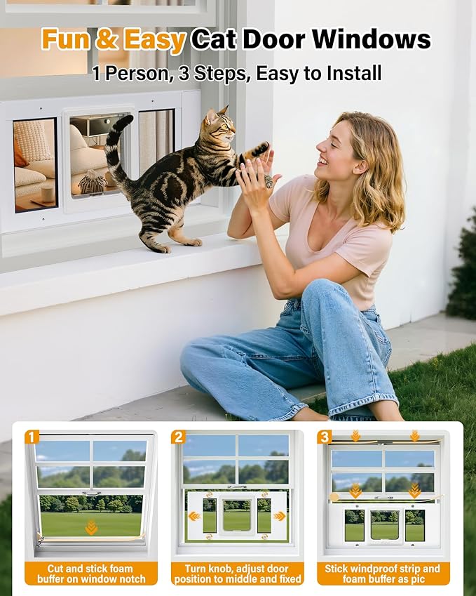 Cat Door for Window Weatherproof: Aluminum Frame Flap Pet Door Quick Fit Window - Image 5
