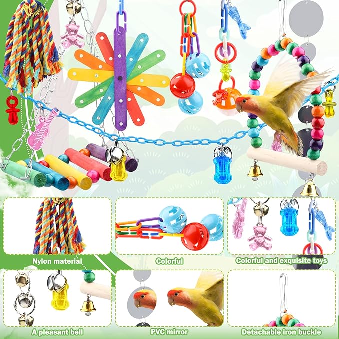 9 Pcs Parakeet Cockatiel Bird Toys, Parrots Cage Accessories Swing Rope Hanging - Image 5