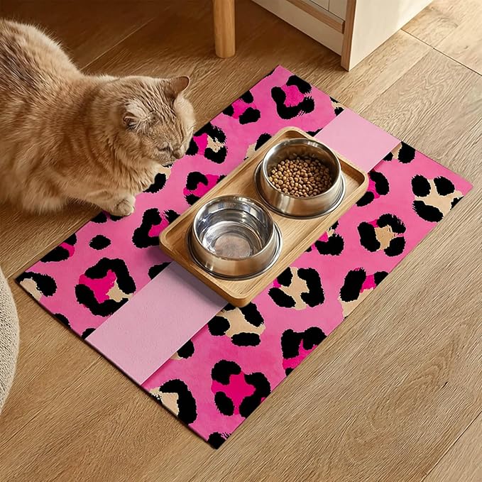 Puppy Feeding Mat 24x16 inch Hot Pink Leopard Print Pet Bowl Placemat Non Slip - Image 2