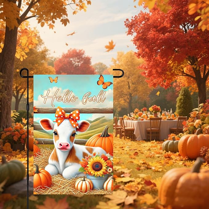 Hello Fall Garden Flag Cute Calf Cow Flag 12x18 Inch Polka Dot Bow Hay Pumpkins - Image 7