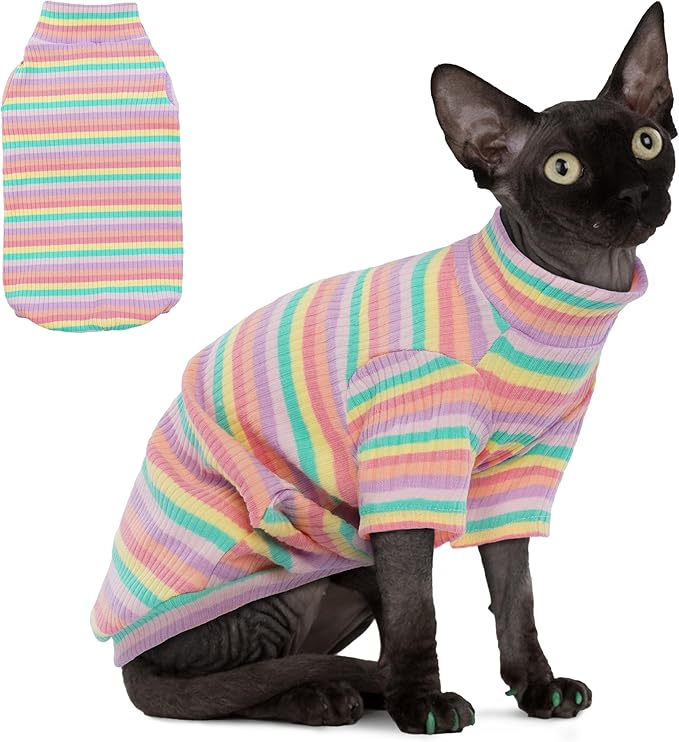 PUMYPOREITY Sphynx Cat Clothes: Soft, Stretchy Rainbow Sweater & Turtleneck by PUMYPOREITY