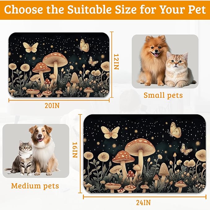 Fantasy Mushroom Dog Cat Food Mat, Butterfly Stars Absorbent Waterproof Placemat - Image 6