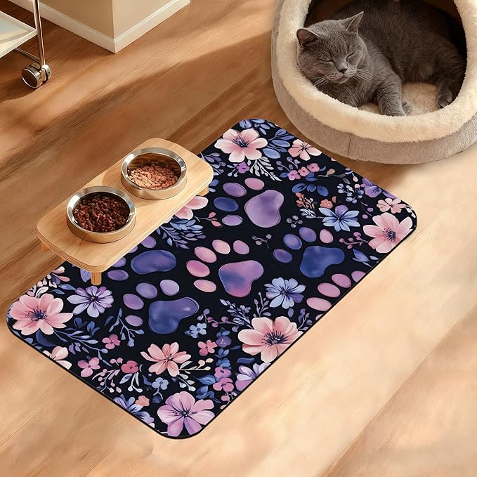 Paw Print Dog Food Mat, Watercolor Flower Absorbent Pet Feeding Mat by Unknown