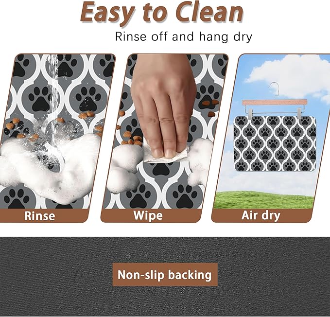 Gray Paw Print Geometric Dog Cat Food Mat, Absorbent Pet Feeding Mat - Image 4