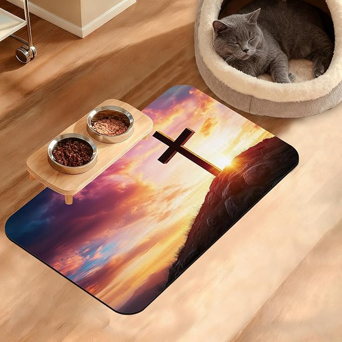 Pet Feeding Mat, Cross Absorbent Dog Cat Food Mat Sunset Dog Mat by Unknown