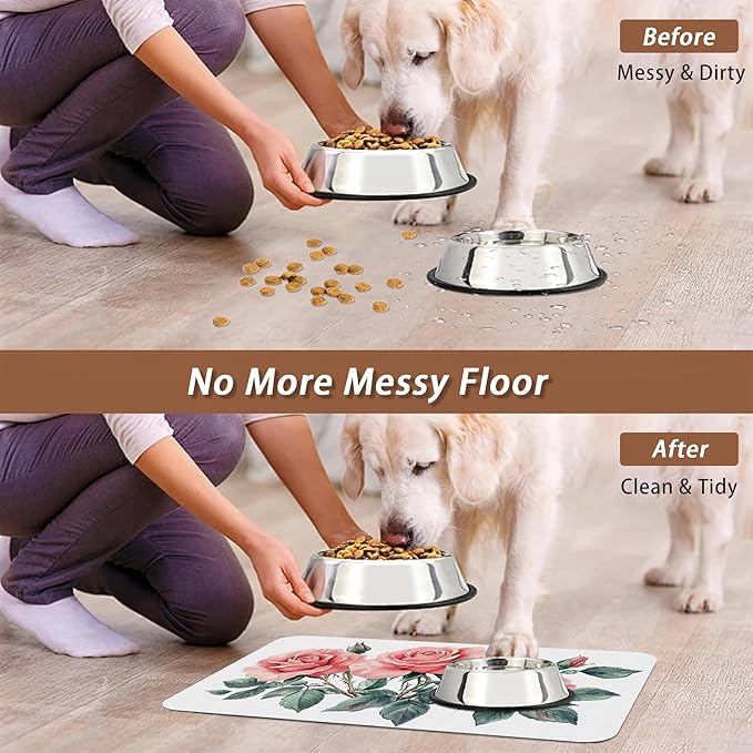 Pink Rose Pet Feeding Mat, Vintage Absorbent Quick-Dry Cat Dog Food and Water - Image 5