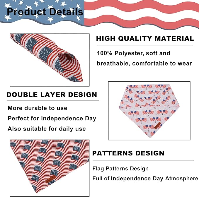 ADOGGYGO American Flag Dog Bandana 2 Pack, Reversible White Red USA Flag Pet - Image 5