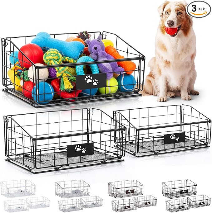 Mimorou 3 Pack Metal Dog Toy Baskets Multi-sized Foldable Dog Toy Bins Box by Mimorou