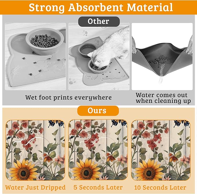 Pet Feeding Mat, Vintage Flower Absorbent Dog Cat Food Mat Rustic Wooden Dog Mat - Image 3