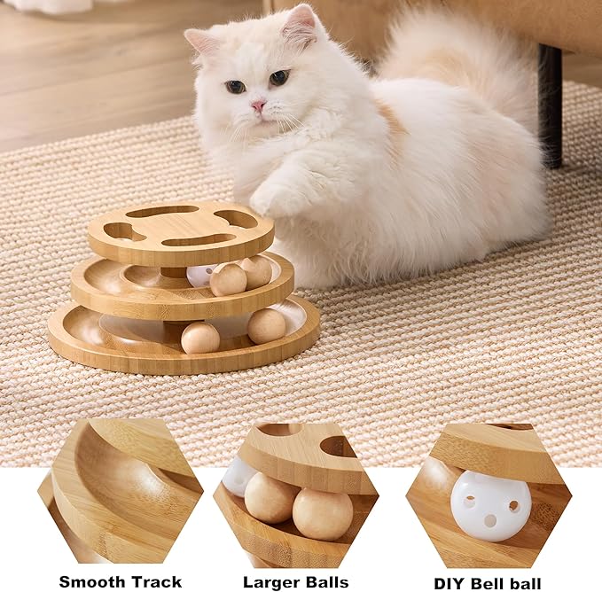 Cat Ball Track Toy with Puzzle Top and DIY Bell, Wooden Cat Toys - Image 4