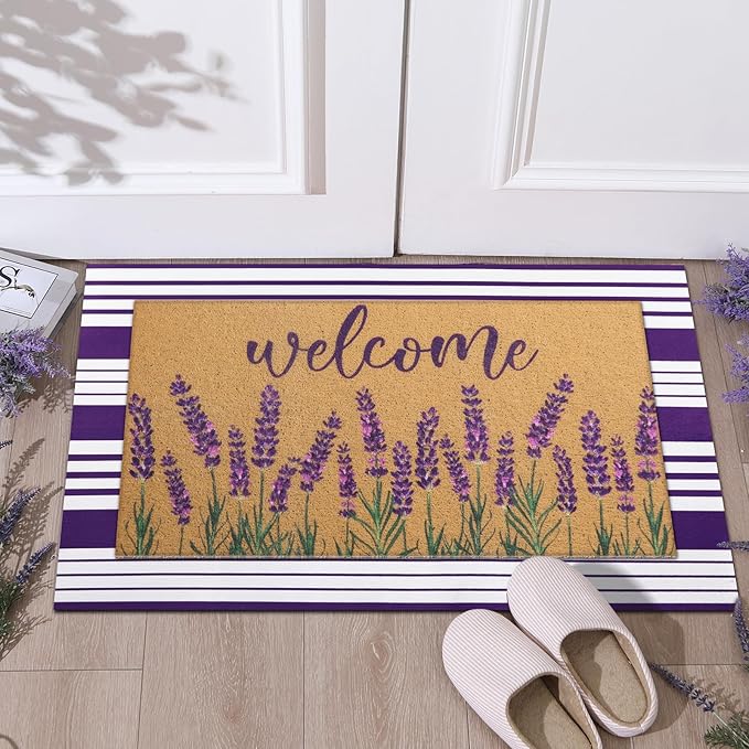 Tinideya 2 Pcs Lavender Door Mat Purple and White Stripe Welcome Non Slip Coir - Image 7