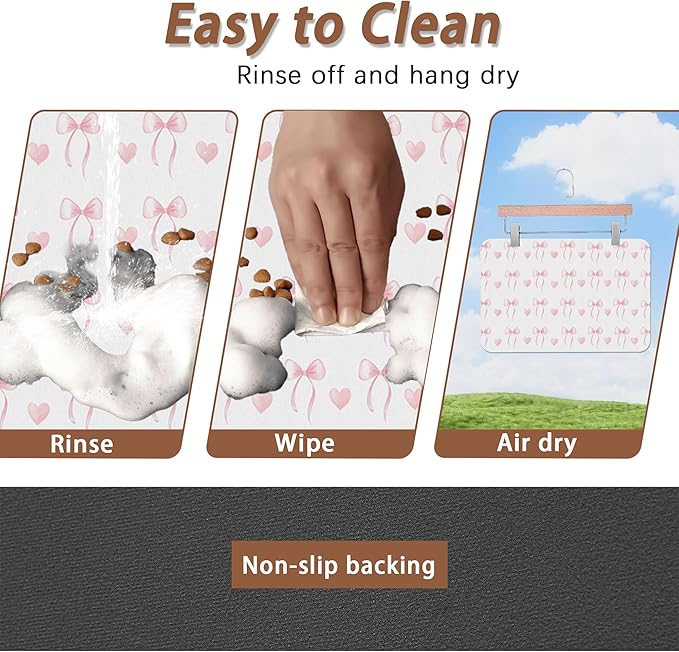 Cute Pink Bow Dog Food Mat for Floors, Heart Absorbent Pet Food and Water Bowl - Image 4