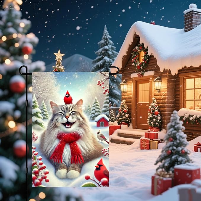 Christmas Garden Flag Cute Cat Red Cardinal Winter Snow Scene Outdoor Yard Flag - Image 7