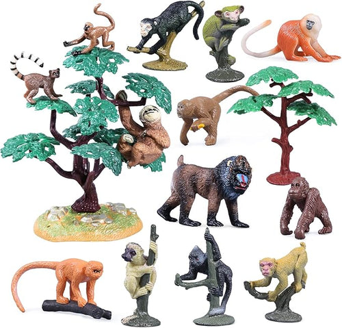 16Pcs Monkey Animal Figures Set, Ring-Tailed Lemur Gorilla and Trees by kukifun