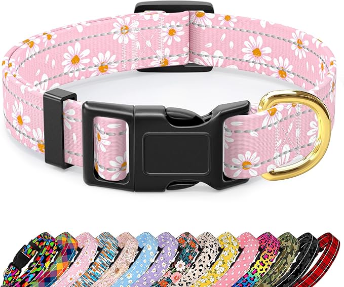 Reflective Dog Collar for Small Dogs, Cute Daisy Theme Adjustable Heavy-Duty by TMOODEL