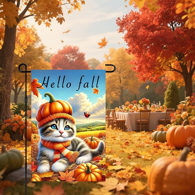 Hello Fall Garden Flag Cute Kitten Pumpkin Hat Scarf Flag 12x18 Inch Autumn Pet - Image 7