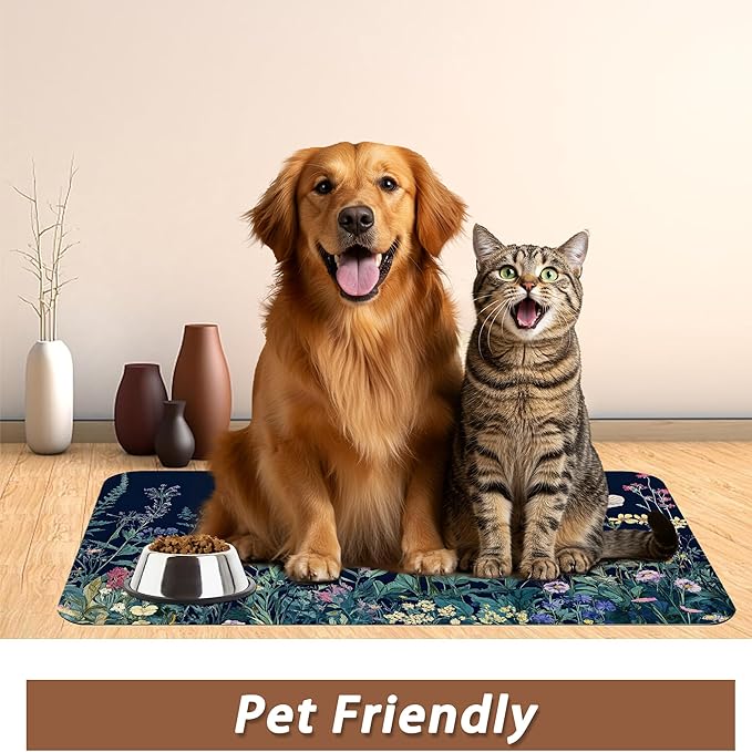 Wildflower Spring Floral Dog Cat Food Mat, Garden Flowers Absorbent Pet Feeding - Image 6