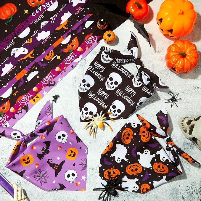 Weewooday 50 Pcs Halloween Dog Bandanas Bulk Pumpkin Ghost Bandanas - Image 5