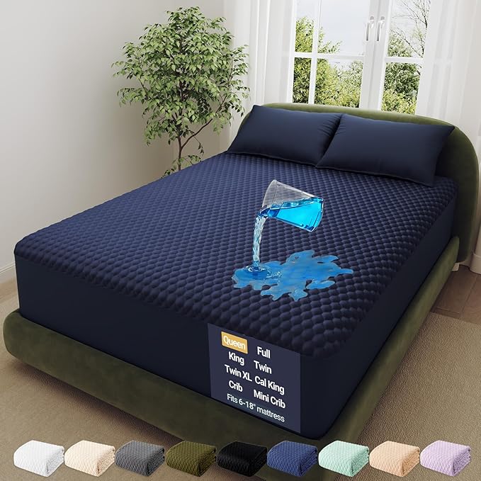 OhGeni 100% Waterproof Mattress Protector, Queen-Navy Blue Size Mattress Pad by OhGeni