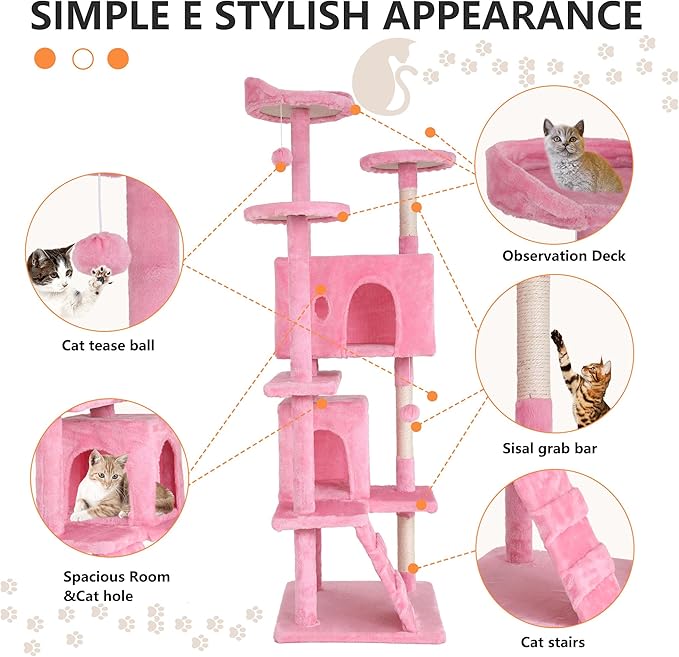 BestPet | 70" Cat Tree Tower | Pink | Sturdy, Hanging Cat Toys, Observation - Image 6