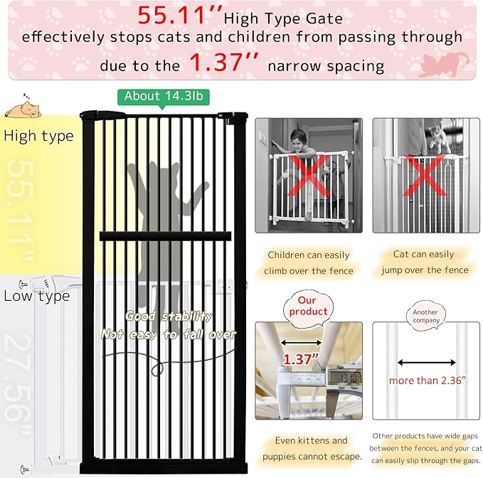 Lumizone Extra Tall Pet Gate 55.12" High Pressure Mounted 34.06"-38.38" Extra - Image 4
