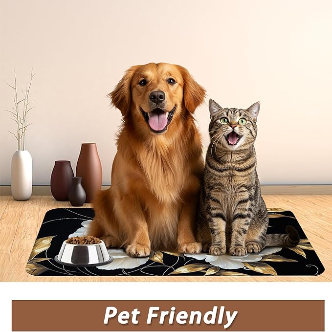 White Flowers Pet Feeding Mat, Glitter BloomingAbsorbent Quick-Dry Cat Dog Food - Image 6