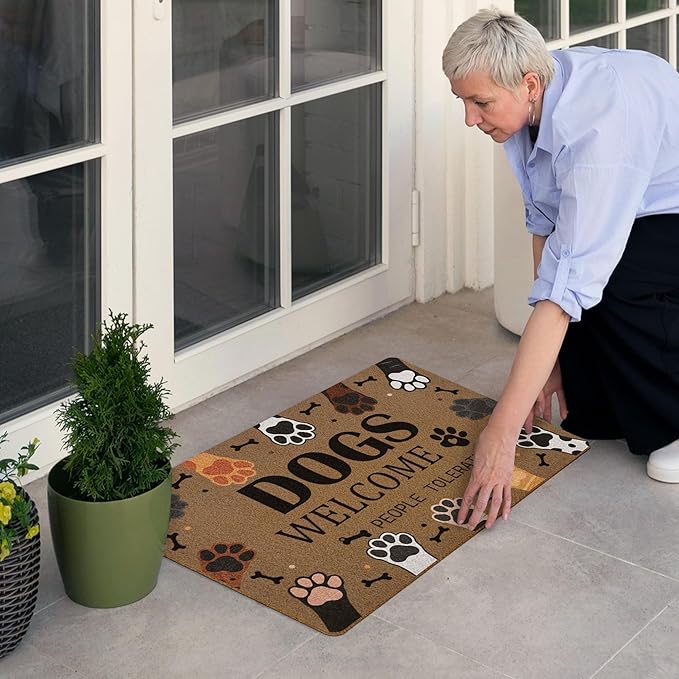 Dogs Welcome People Tolerated Door Mat, Cute Dog Paws Print Artificial Coir - Image 2