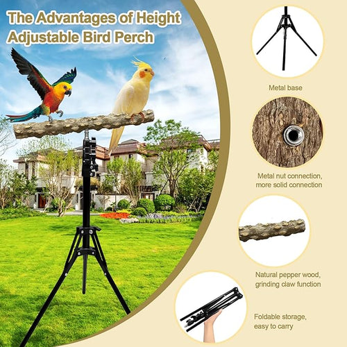 16-63 Inch Height Adjustable Bird Perch Pepper Wood Bird Training Perch Stand - Image 2