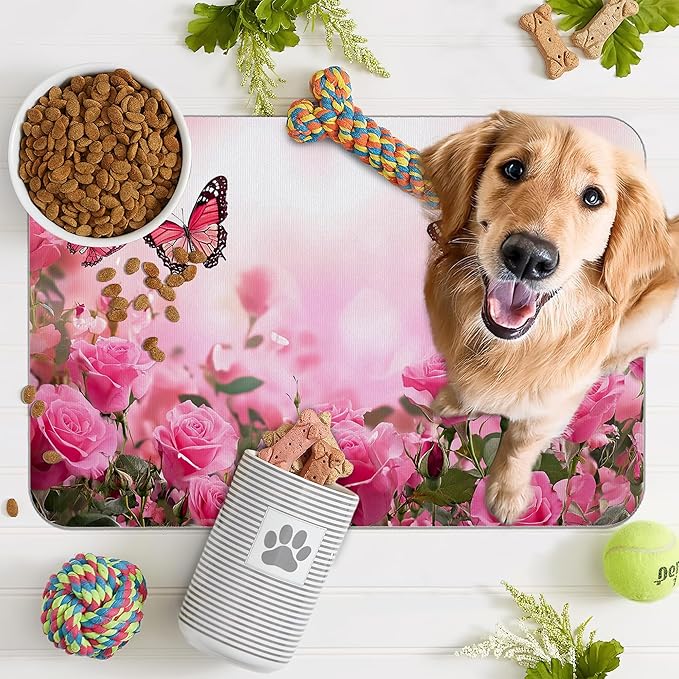 Rose Pink Dog Cat Food Mat, Butterfly Absorbent Pet Feeding Mat - Image 7