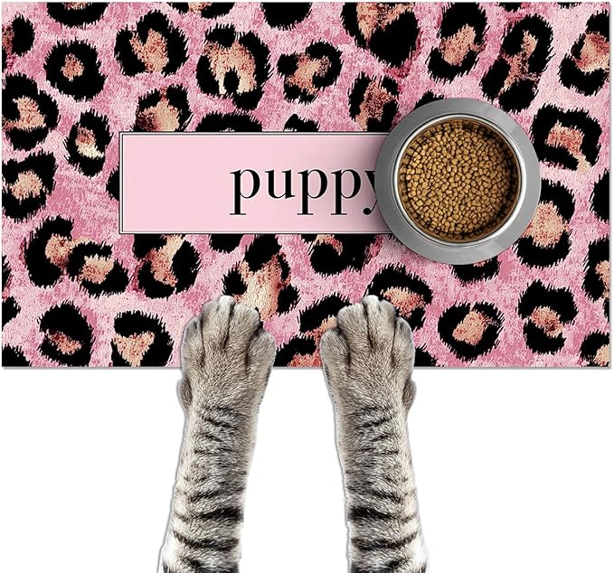 Puppy Feeding Mat 20x12 inch Pink Leopard Print Dog Bowl Placemat Non Slip Mat by HOMETITUTE