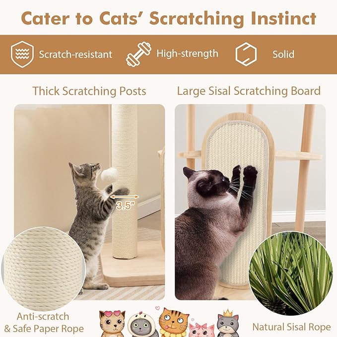 Tangkula Wood Cat Tree for Indoor Cats, Padded Perch, Hanging Toy, Minimalist - Image 6