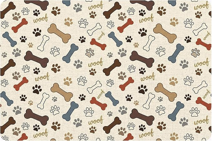 Dog Feeding Mat 24 x 16 Inch, Neutral Paw Bone Woof Dog Placemat Absorbent by Romart