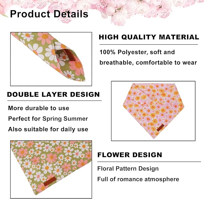 ADOGGYGO Floral Dog Bandanas 2 Pack, Daisy Flower Pet Scarf, Premium Fabric - Image 5