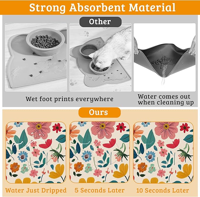 Colorful Flower Feeding Mat, Groovy Wildflowers Absorbent Quick-Dry Cat Dog - Image 3