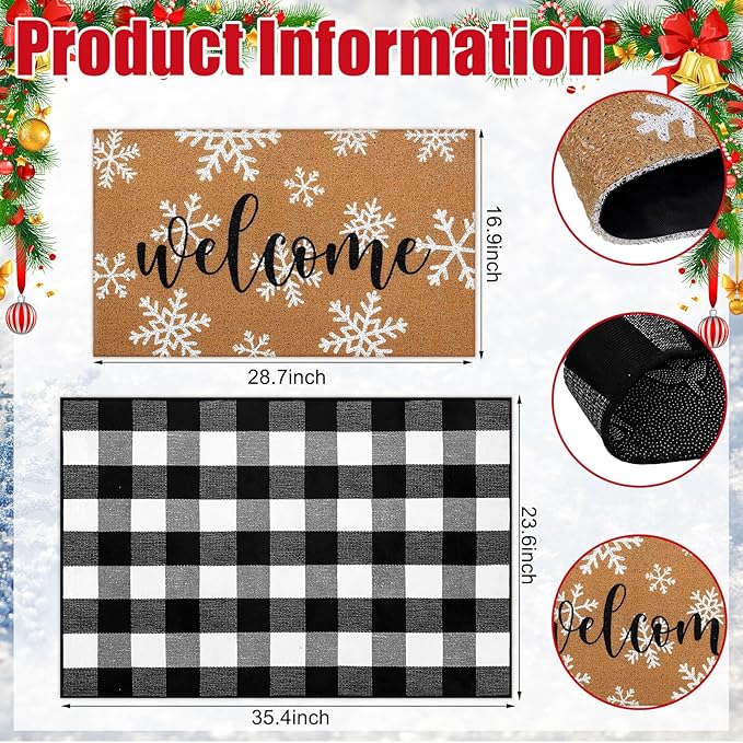 Tinideya 2 Pcs Winter Door Mat Outdoor Snowflake Welcome Mats - Image 3